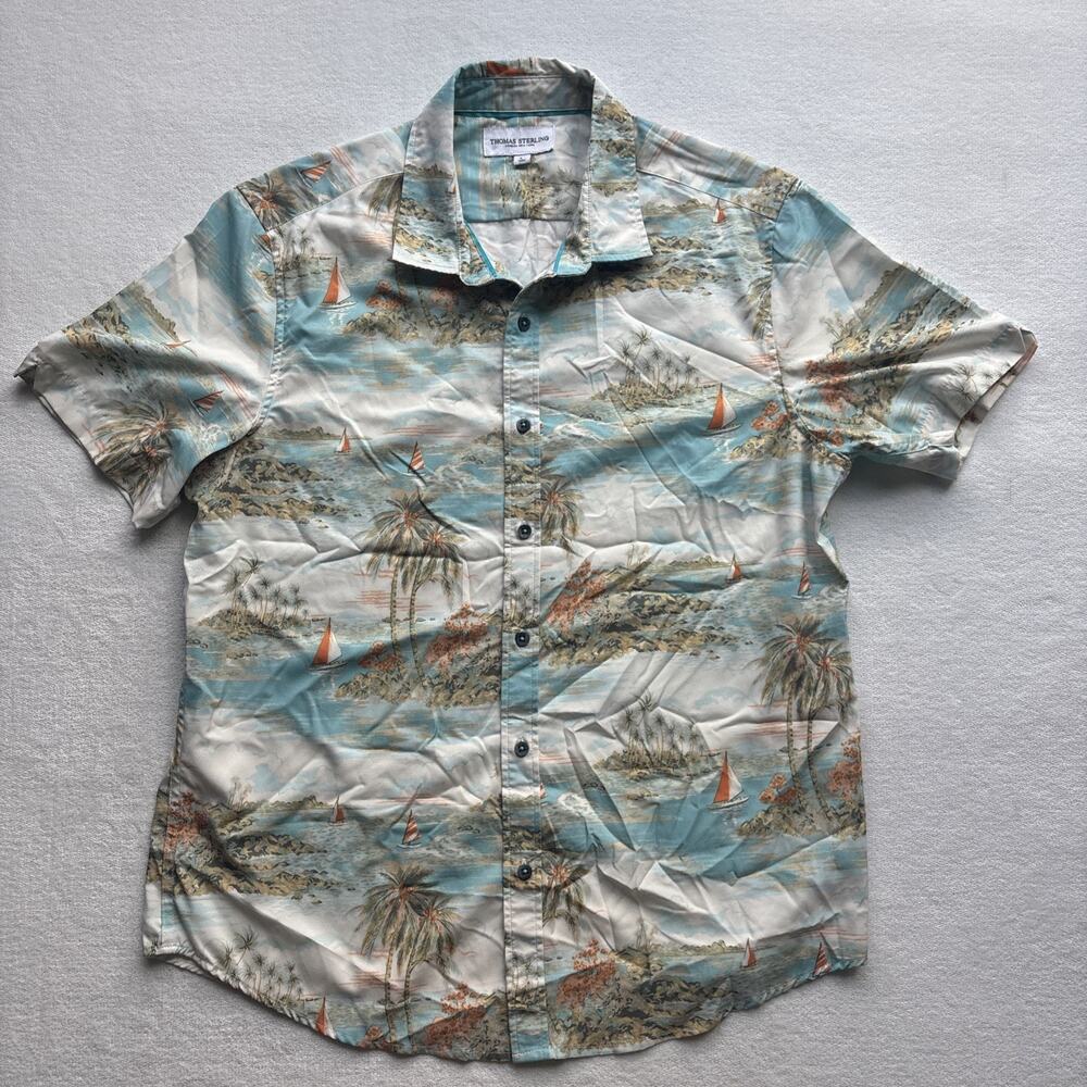 Thomas Sterling London Men‎ Large Hawaiian Shirt Aloha Sailboat Palm Tree AOP